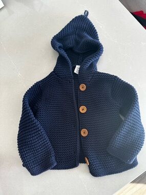 Navy Knit Hooded Baby Cardigan with Wooden Buttons Nordstrom brand 9mo